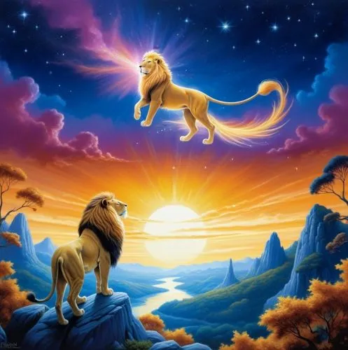 In a surreal landscape, a majestic lion perches proudly on its golden head, its golden skin shining brightly against a radiant night sky. The sun's warm rays cast a soft glow on the forest below, bath