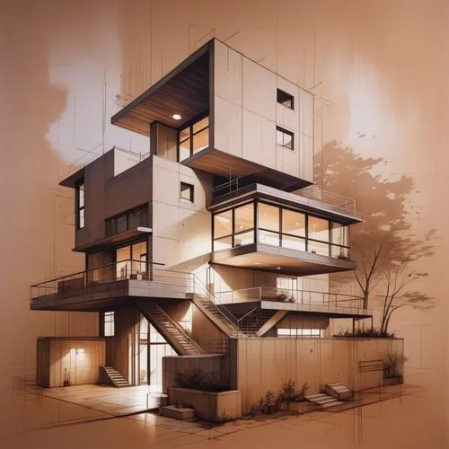 Sleek cubic architecture, minimalist design, concrete structure, large windows, geometric shapes, spacious interiors, contemporary aesthetic, urban setting, rooftop garden, natural light streaming in,