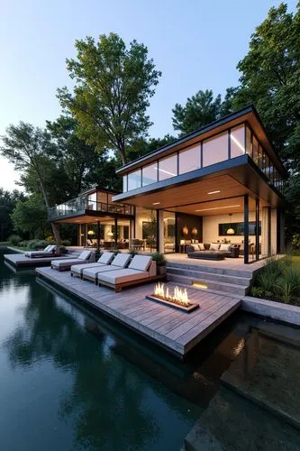 A modern villa positioned on the shore of a calm lake, with cantilevered decks extending over the water. The design includes fire features integrated into the outdoor living spaces, creating a warm, i
