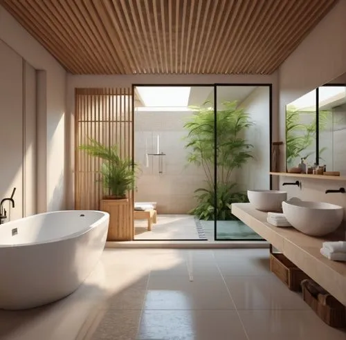 modern minimalist bathroom,luxury bathroom,interior modern design,japanese-style room,bathtub,3d rendering,bamboo curtain,bamboo plants,bathroom,ryokan,modern decor,luxury home interior,ceramic floor 