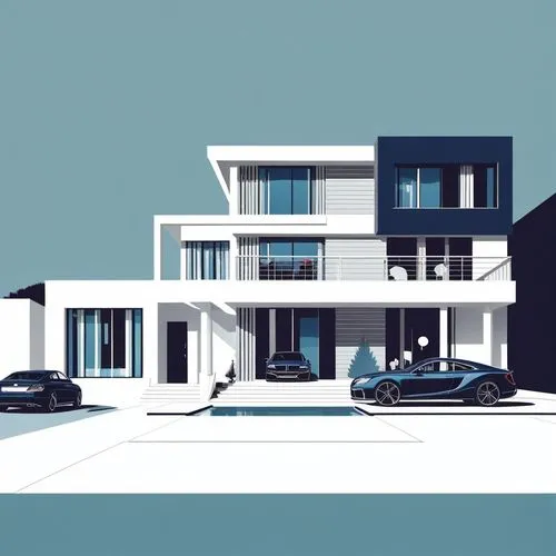 a house that is white and blue with cars parked outside,mid century house,sketchup,modern house,beach house,house drawing,houses clipart,residential house,eichler,beachhouse,suburbs,suburban,suburbica