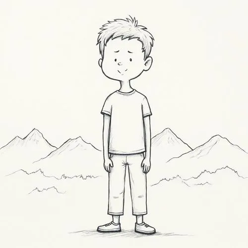 "A hand-drawn cartoon-style full-body character standing in front of distant mountains. The character is a young male, with a slightly oversized head and simplified anatomy typical of childlike art. H