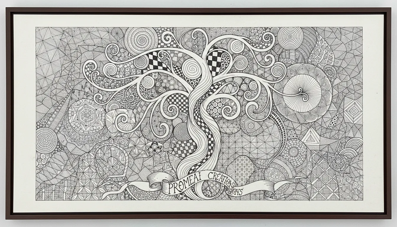 Un poster Zentangle in bianco e nero molto dettagliato creato con PromeAI, con un complesso mix di motivi geometrici e organici.