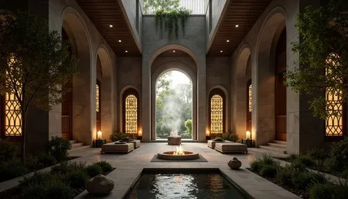 Sacred temple, serene ambiance, gentle candlelight, soft incense smoke, intricately carved wooden doors, ornate stone walls, vaulted ceilings, tranquil water features, peaceful gardens, lush greenery,