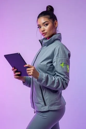 A full-body photograph of a beautiful woman in a futuristic suit, holding an iPad and looking at the camera. She is wearing a reflective grey jacket with neon accents, and her hair is tied back in a s