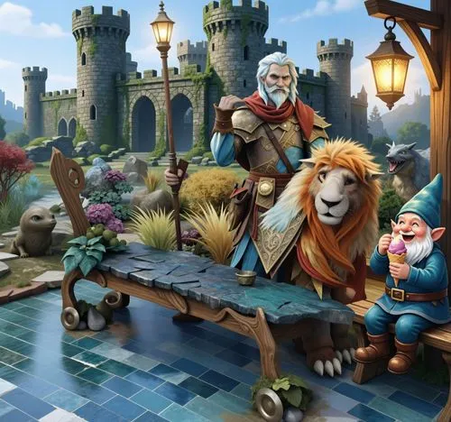 a cartoon of a wizard sitting on a bench with a lion and a demon on the ground,townsmen,gnomes at table,townsfolk,game illustration,villagers,citadels,fantasy picture,medieval market,forest king lion,