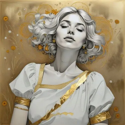 painting of woman in white with gold details and large curly hair,gold leaf,vestal,gold foil mermaid,gold paint stroke,gold foil art,gilded
