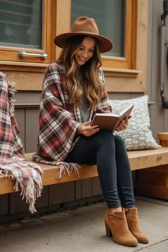 A cozy cabin-inspired fall outfit with a buffalo plaid poncho, wool leggings, and suede ankle boots. She’s reading on a wooden bench with a cozy blanket, radiating warmth and comfort with a rustic twi