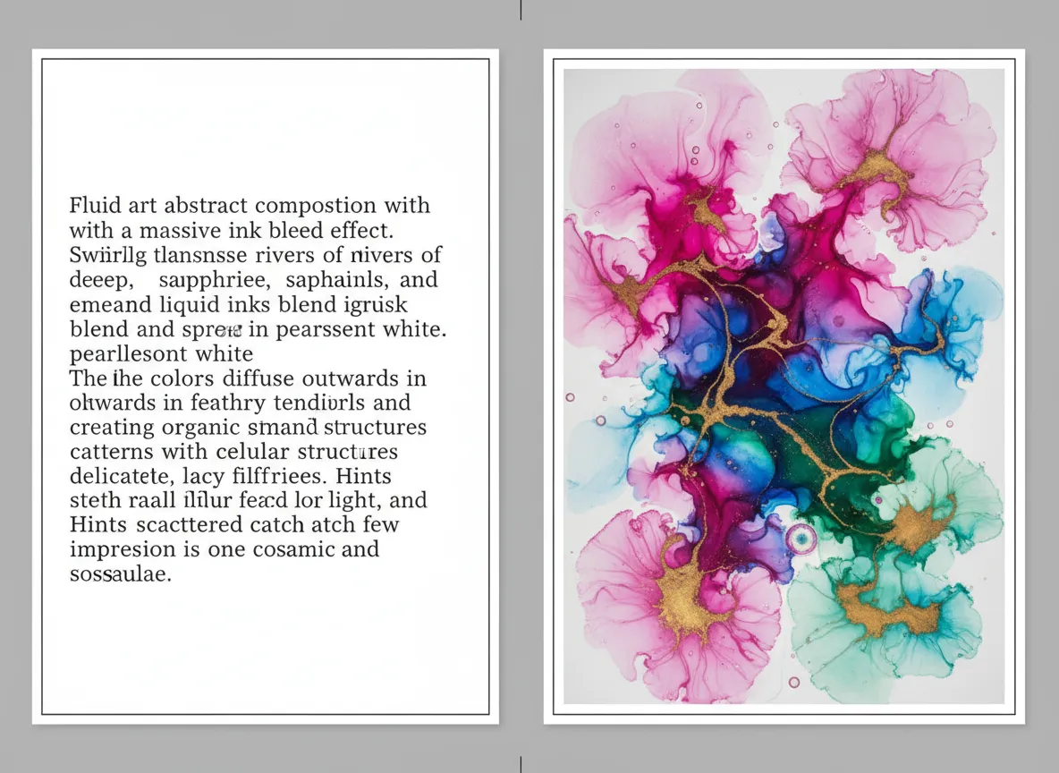 Ein direkter Vergleich, der eine Textanweisung und die daraus resultierende, von der KI generierte Fluid Art mit einem farbenfrohen Tintendurchblutungseffekt zeigt.