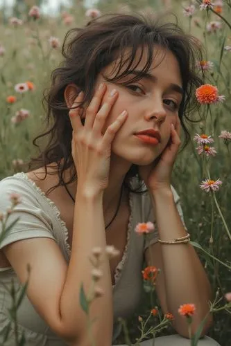 affair incapable spring elect,a woman sitting in the middle of a field with her hands to her face,girl in flowers,beautiful girl with flowers,girl lying on the grass,girl picking flowers,floral,girl i