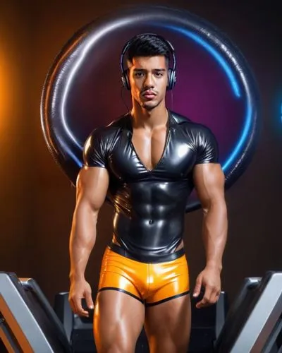 Exotic Latino muscular adonis men kurzenhair läuft auf dem Laufband in einem glänzenden Latex gehalten mini stringtanga sehr schmale Form gelben Orange schwarze mit Leder underwear acrylic gloss,

man