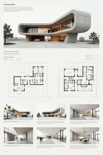 A professional architectural presentation board with a Pure background and a clean, minimalist design layout. The board includes:

Top Section: On the top left, a photorealistic render of a contempora