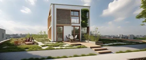 a house with people sitting at the table on the porch,frame house,prefab,modern house,cubic house,prefabricated,sky apartment