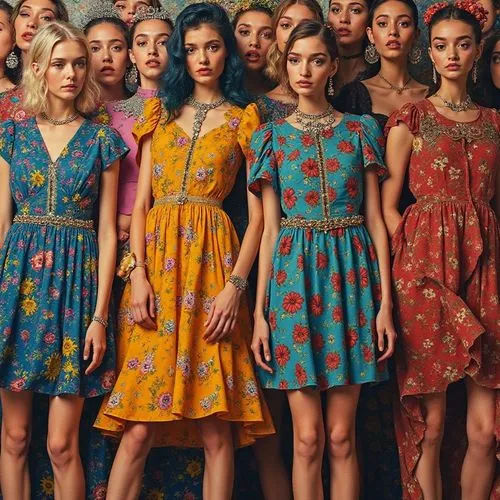 models in dresses, jewelry and shoes standing together,vintage floral,caftans,vintage girls,floral dress,vintage fashion,vintage women,colorful floral,dresses,hippie fabric,sewing pattern girls,seamle