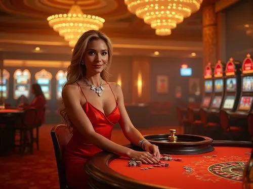 Vibrant apricot color scheme, luxurious casino interior, flashy slot machines, shiny marble floors, ornate golden chandeliers, plush red carpets, VIP lounge, high-stakes poker table, roulette wheel, c