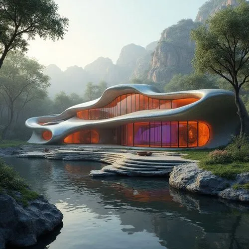 A detailed 3D render: An imposing, futuristic home, designed by Roberto Gómez Castro, stands tall. His signature, a kaleidoscope of orange and purple, is highlighted by his large stained-glass windows