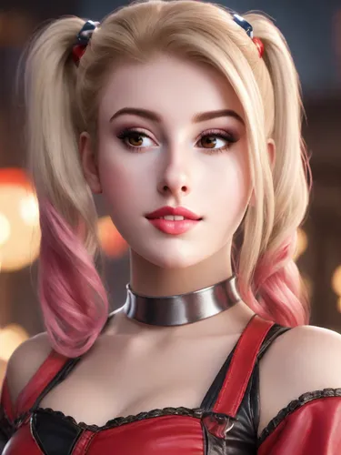 Beautiful, dressed as a cosplay Harley Quinn, photorealistic,harley quinn,harley,doll's facial features,nero,queen of hearts,female doll,cosmetic,vampire lady,neo-burlesque,cosmetic brush,realdoll,vam