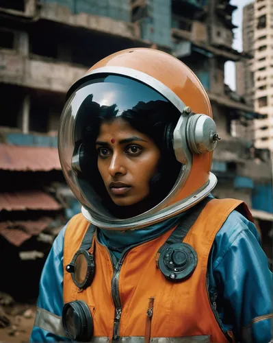 futuristic construction worker woman in a spacesuit in mumbai, in the style of the photography book “The Suffering of Light” by photographer Alex Webb. Master photo with excellent light, color and com