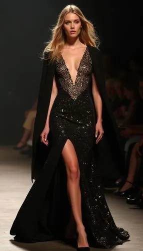 A glamorous, high-fashion gown that features a striking deep V-neckline and a dramatic silhouette. The dress should have a form-fitting bodice adorned with shimmering gold and black sequins, creating 