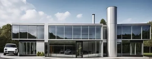 crear ana fachada  plana de lineas rectas  realistica de una obra de arquitectura moderna de planta baja y primer piso con vidrio y estructura de hormigon con carpinteria negra de acero y un tanque ci