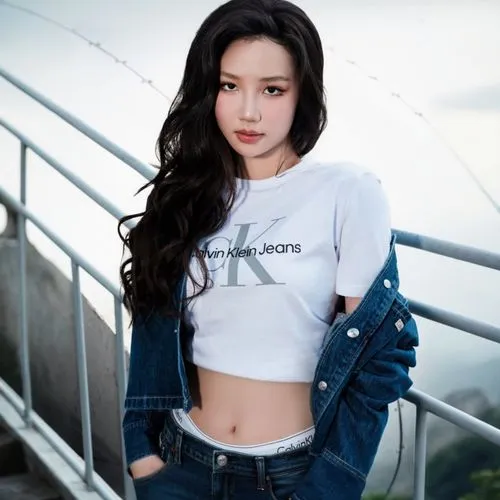 a very pretty asian woman wearing a white shirt,shuhua,hara,jei,yijin,jiyun,shaoxuan,jeans background,heungseon,seowon,chonnam,munhwa,snsd,nyeon,liyun,joy,mingyang,yeoju,xiaoxu,moua,denim background