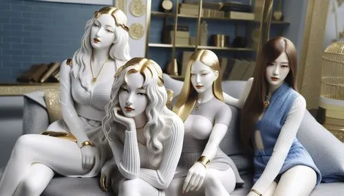 several mannequins are sitting together on the couch,porcelain dolls,naiads,mannequins,maidservants,hairdressing salon,white figures,milkmaids,masseuses,priestesses,the three graces,muses,deformations