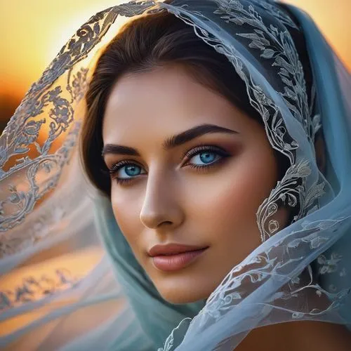 In this stunning image, a woman with a single, ethereal smile and glowing blue eyes gazes out of the frame, her body adorned with a thick benetrable veil. Her body is pure and tranquil, as if she is g