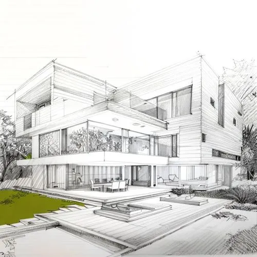 Modern Villa,a drawing of the house and garden,sketchup,revit,3d rendering,renderings,passivhaus,arquitectonica