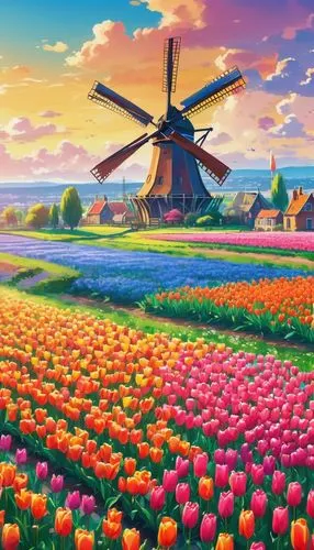 A field of vibrant tulips in various colors, stretching towards a picturesque Dutch windmill in the distance, impressionist style.,a painting of a windmill on a farm field,tulip field,tulip fields,tul