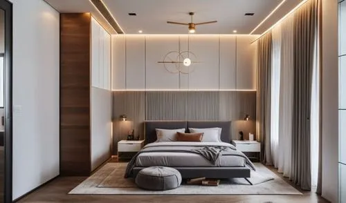 interior room render, bed back is in louvers, use light colors, add realistic  materials according to the reference, add lighting
,modern bedroom decorated in white, brown and gray tones,modern room,m