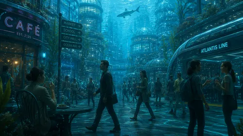 people living underwater in a city and acting as if this is normal
,a sci fi world at night, complete with people and an aquarium,sci fiction illustration,cyberpunk,world digital painting,blue rain,at