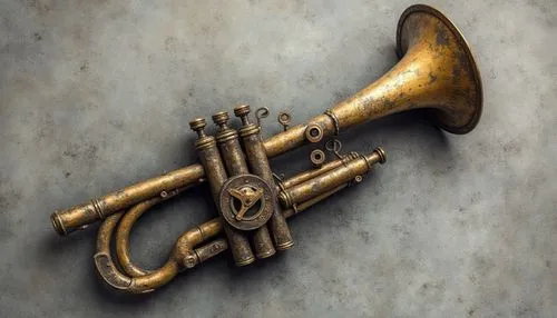An eye level view of a  pencil drawing of a brown Trumpet on a gray concrete surface. The pencil drawing is in the position of a bow pointing to the bottom right corner of the image. Below the one tak