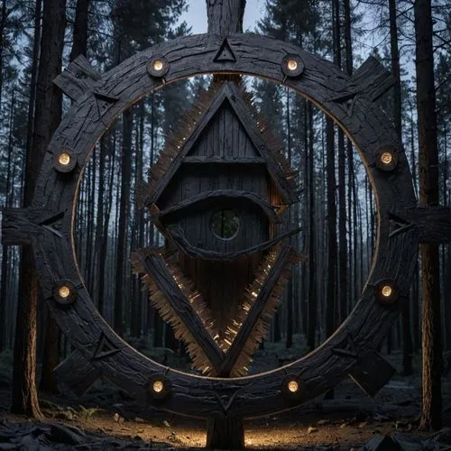 a pyramid shaped structure in a forest surrounded by trees,all seeing eye,triad,esoteric symbol,arbor,mirror of souls,witches pentagram,portals,wood gate,forest chapel,pentagram,octahedron,witch's hou