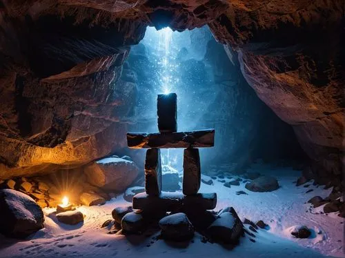 an inukshuk frozen inside a cave, cavern, sparkles, grain,a cross is located in the dark by the water,cave church,the pillar of light,shrine,the cross,the eternal flame,grotto,altars,empty tomb,wooden