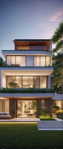 Modern house, exterior design, architecture, luxurious villa, large windows, sliding glass doors, white walls, flat roof, minimalist style, greenery surroundings, tall trees, lush lawn, garden pathway