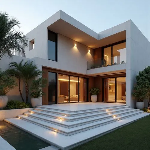 A hyper-realistic, high-resolution architectural photograph capturing a grand, ultra-modern HIGH SLOPED ROOF luxury TWO STOREYS  RESIDENCE at twilight. The building’s façade is composed of smooth whit