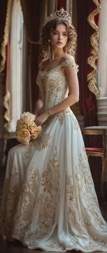 Bellawella, fairy tale princess, beautiful curly brown hair, elegant makeup, sparkling blue eyes, slender figure, corseted waist, flowing white dress, intricate lace details, golden tiara, delicate ha