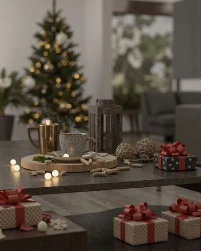 A cozy winter scene showing a beautifully decorated living room with a Christmas tree, a steaming cup of tea, gift boxes on a black coffee table, and a blurred forest view in the background. The setti
