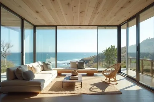 Design stunning glass-walled retreats harmonizing nature with modern elegance.,an empty living room in a house with large windows,beach house,dunes house,wood and beach,summer house,ocean view,oceanfr