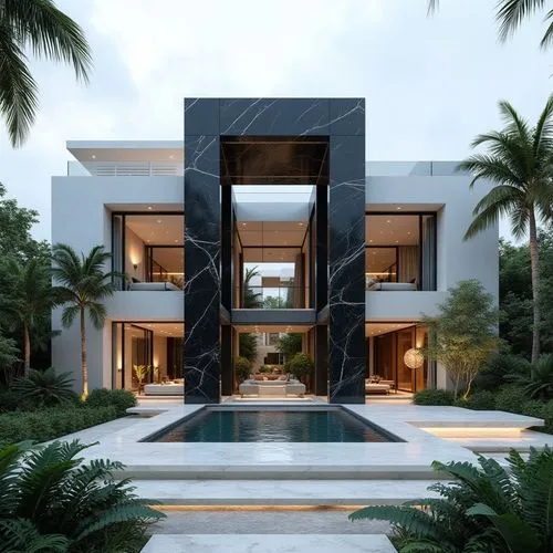 A cutting-edge, ultra-modern luxury residence showcasing bold geometric forms and contrasting materials. The structure centers around a tall, rectangular black-marble archway with subtle white veins, 