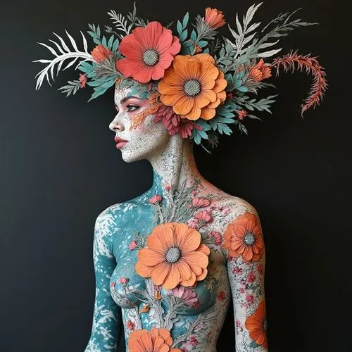 a beautiful woman with flower adorned face painted orange and blue,body painting,body art,flower hat,girl in flowers,flower fairy,neon body painting,flower art,floral skull,flower girl,fairy peacock,h