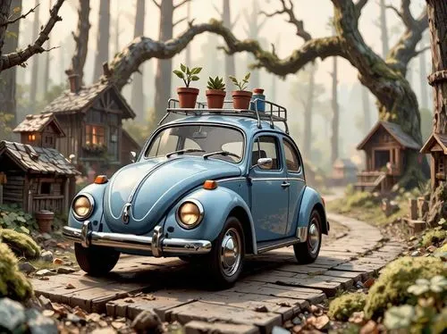 the beetle is painted as if it's going to travel on the road,woody car,wooden car,little car,small car,the beetle,miniature cars,cartoon car,miniature car,fairy village,dioramas,wooden train,forest ro