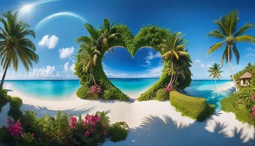 Una preciosa villa tropical con entrada y ventanas en forma de corazón, situada en una playa rodeada de flores. Cielos azules, un hermoso día de verano, palmeras y agua que brilla bajo el sol.,there a