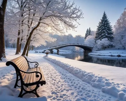 a bench next to a river and a bridge,winter background,winter landscape,snow landscape,snowy landscape,wooden bench,winters,snow scene,wintry,park bench,winter wonderland,winter morning,winter dream,w