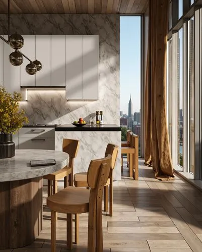 A modern kitchen and dining area with a stunning view of the Empire State Building. The space features a marble island, wooden furniture, and floor-to-ceiling windows that frame the iconic cityscape.,