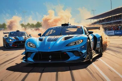 A majestic oil painting of a high-performance sports vehicle in a rally, featuring a vibrant blue and black sports car alongside a row of vehicles on the track. The vehicle's aerodynamic design is out