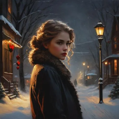 soon time, invisible beast, get sated and go away, leaving a heart without love, women, fantasy, A Christmas Story,a woman is looking into the distance while standing in the snow,winter night,winter b