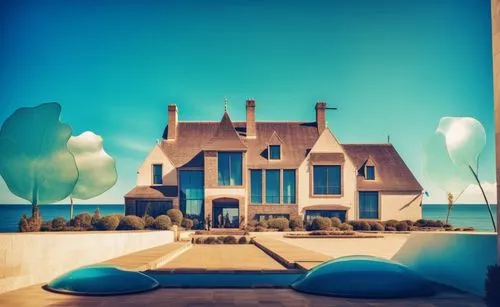 glass bricks tiles garden sunlight blue sky landscape people lake trees seaside waterfront,a large house on the water with a lawn that has two blue chairs,house by the water,beach house,guesthouses,ho