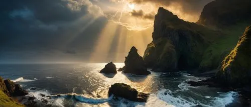 the golden light of the moon dances across the surface of a heaavy sea with huge bewraking waves. as a regal angel with a raised sword stands tall and proud, its coiled blade gleaming in the dim light