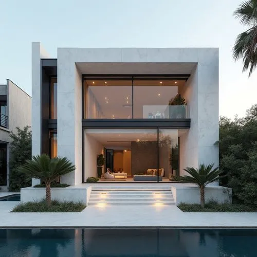 A hyper-realistic, high-resolution architectural photograph capturing a grand, ultra-modern luxury mansion at twilight. The building’s façade is composed of smooth white stone panels contrasted with s
